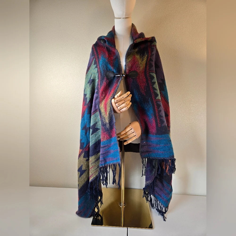 Woven Heart Hooded Cape Poncho with Fringe Medium